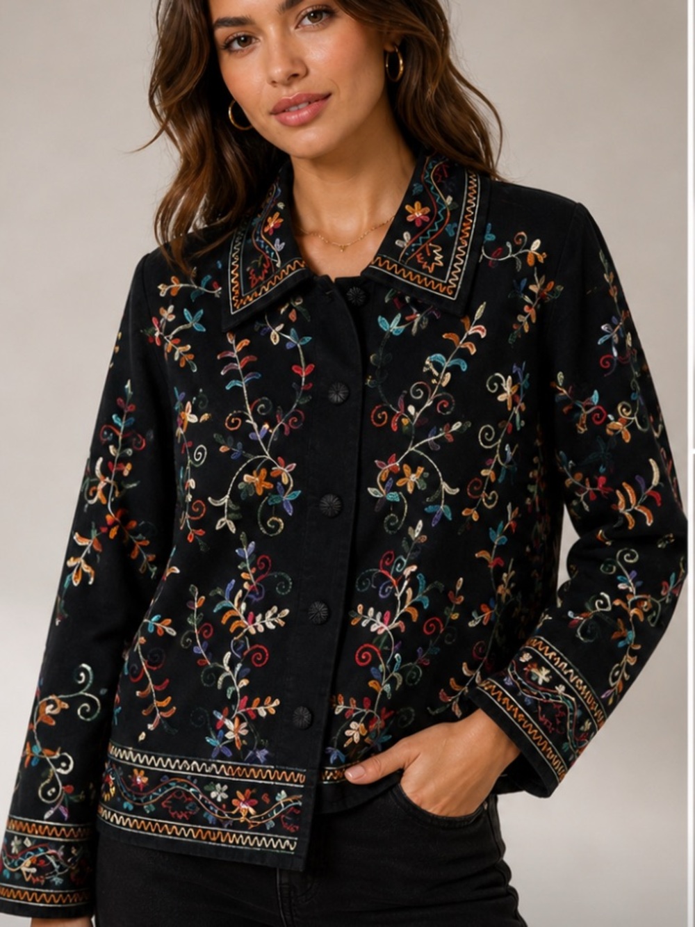 dressbarn Black Embroidered Floral Jean Jacket